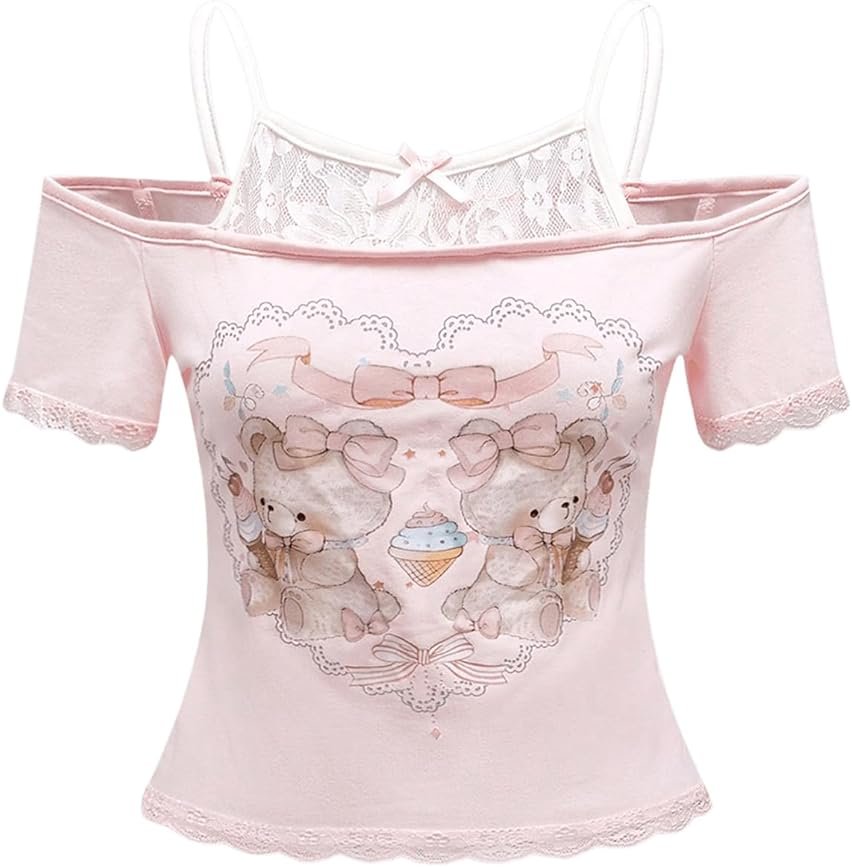 SOLY HUX Women's Y2K Coquette Aesthetic Crop Tops Summer Kawaii Clothes Cute Lace Bow Cold Shoulder Graphic Tees - Product Image