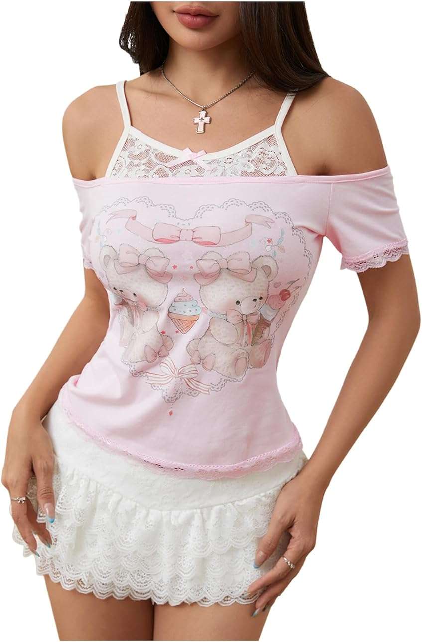 SOLY HUX Women's Y2K Coquette Aesthetic Crop Tops Summer Kawaii Clothes Cute Lace Bow Cold Shoulder Graphic Tees - Image 2