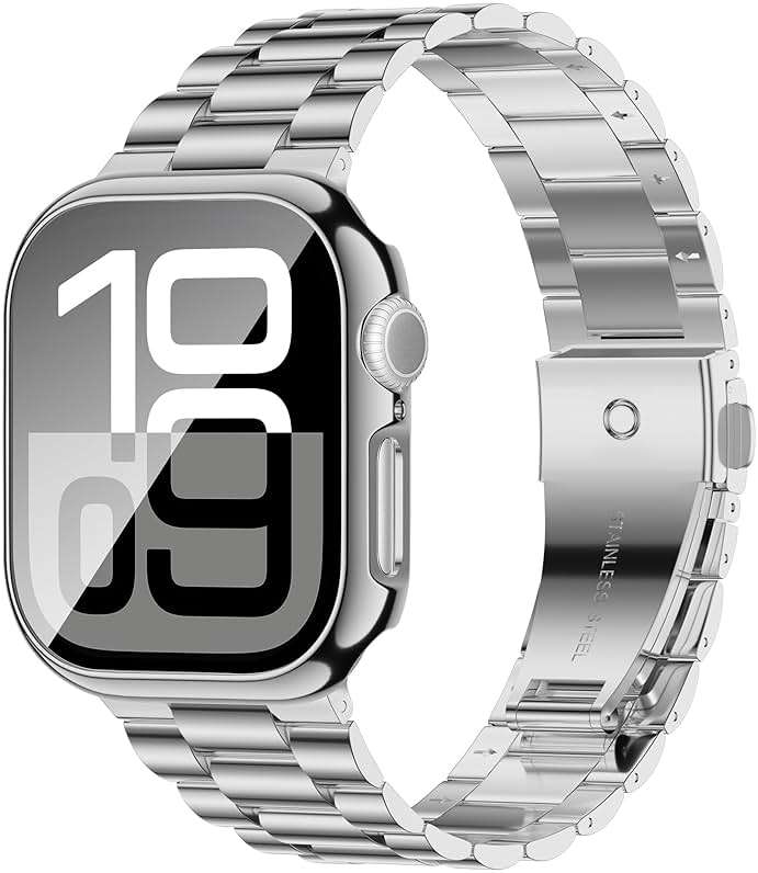 iiteeology Compatible with Apple Watch Band 46mm Series 11 Series 10, Upgraded Stainless Steel Band with iWatch Screen Protector Case for Men Women Silver/Silver - Image 2