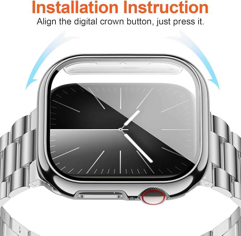 iiteeology Compatible with Apple Watch Band 46mm Series 11 Series 10, Upgraded Stainless Steel Band with iWatch Screen Protector Case for Men Women Silver/Silver - Image 5