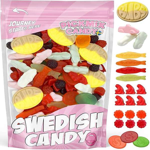 Swedish Candy Sweet Mix 1 POUND Gummy Candies With 8 Flavor Variety, BUBS Banana Toffee, Wild Berry Pomegranate, Ahlgrens Bilar Limousines, Malaco Fish, Forest Berries, Grandma’s Dentures Gummies, Cola Bottles & Zoo Monkey Gummies - Image 1