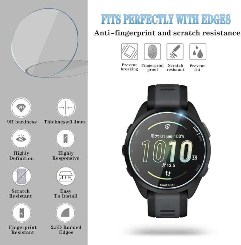 HUADU Watch Screen Protector Compatible for Garmin Forerunner 165, Tempered Glass Film Anti Scratch High Definition Full Coverage and Soft TPU Protective Case - Image 3
