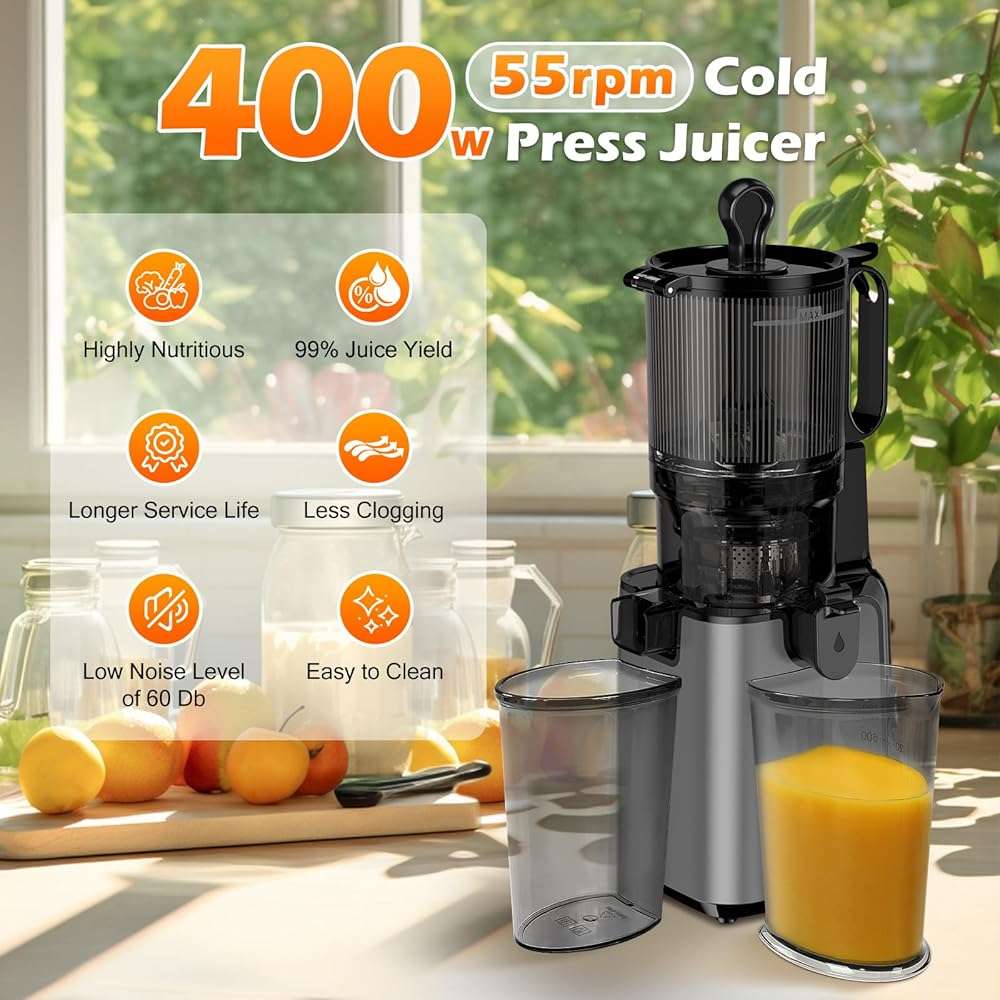 Juicer Machines with 5.8" Large Feed Chute, Cold Press Juicer for Whole Vegetables and Fruits 400W, Slow Masticating juicer Easy to Clean Juice Extractor Machine High Juice Yield - Image 5