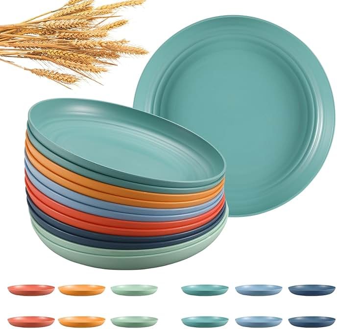 HEYCOME 12 Pcs Unbreakable Deep Dinner Plates Set, 10 inch Reusable Plastic Wheat Straw Plates, Microwave and Dishwasher Safe Plate for Kitchen, Lightweight Plate for Dessert, BPA Free, 6 Colors - Product Image