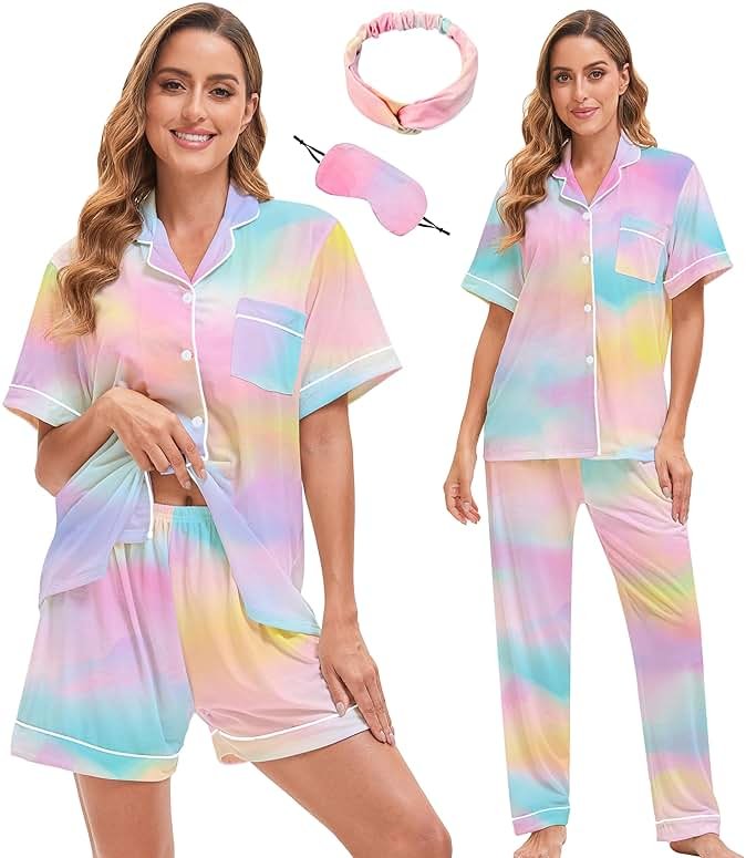 MORFORU 3 Piece Button Up Pajamas for Women Set Soft Pajama Shorts Pants Short Sleeve Pjs Sleepwear Pj Lounge Sets - Product Image