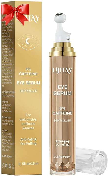 UJHAY 5% Caffeine Eye Cream, Under Eye Serum for Dark Circles, Puffiness & Wrinkles Fine Lines, Eye Roller Serum with 360° Massage Ball, Eye Treatment Balm for Men & Women - Image 1