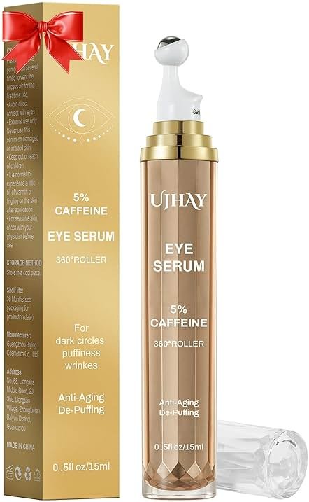 UJHAY 5% Caffeine Eye Cream, Under Eye Serum for Dark Circles, Puffiness & Wrinkles Fine Lines, Eye Roller Serum with 360° Massage Ball, Eye Treatment Balm for Men & Women - Product Image