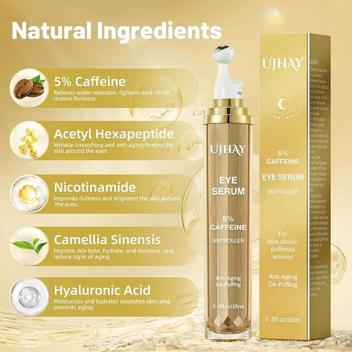 UJHAY 5% Caffeine Eye Cream, Under Eye Serum for Dark Circles, Puffiness & Wrinkles Fine Lines, Eye Roller Serum with 360° Massage Ball, Eye Treatment Balm for Men & Women - Image 3