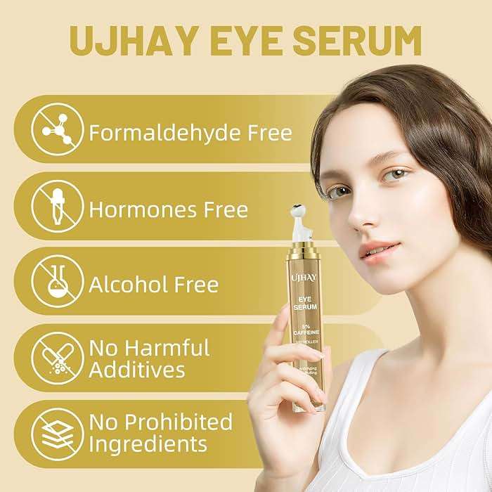 UJHAY 5% Caffeine Eye Cream, Under Eye Serum for Dark Circles, Puffiness & Wrinkles Fine Lines, Eye Roller Serum with 360° Massage Ball, Eye Treatment Balm for Men & Women - Image 4
