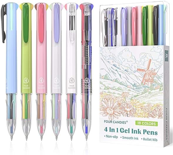 Four Candies 6 PCS Multicolor Pen, 0.5mm Colored Gel Pens, 4-in-1 Multicolor Gel Ink Pens, 18 Colors Retractable Ink for Office, School & Back to School Supplies & Nurse Accessories for Work - Product Image