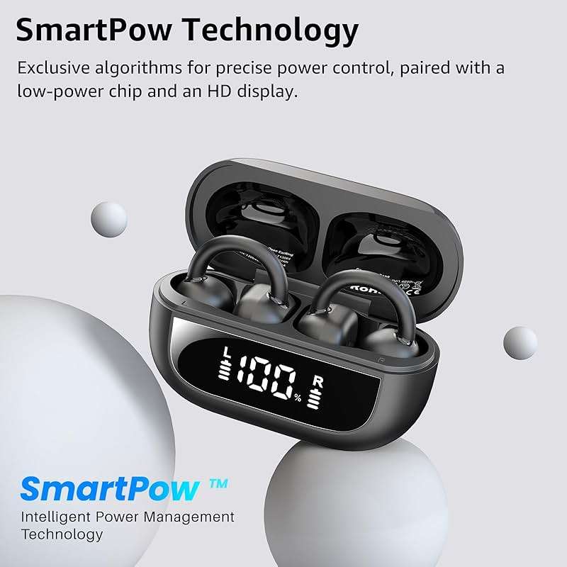 TOZO OpenEarRing True Open Ear Earbuds, Lightweight Comfort Open Ear Clip Wireless Earbuds, 40H Play Bluetooth 5.4 Headphones with Smart Digital Display Design Fit Sports Running, Workout Black - Image 4