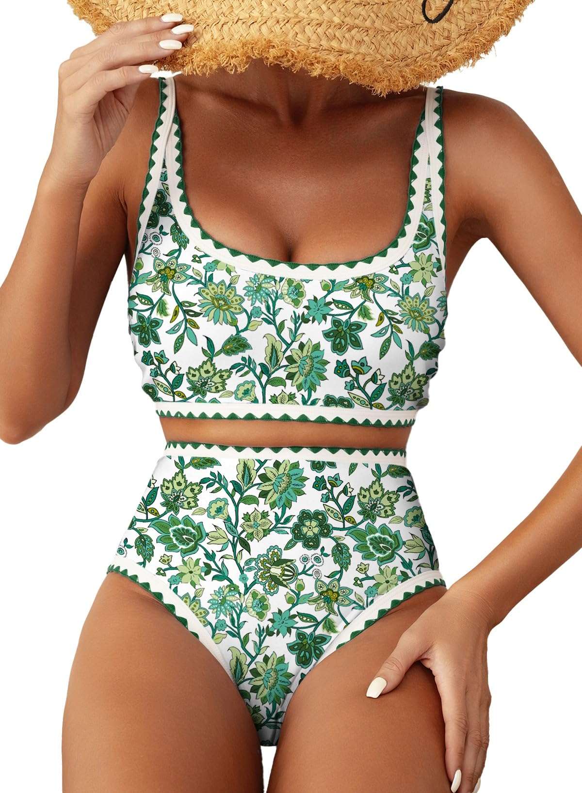 Herseas Women's Bikini Sets Floral Print Whip Stitch 2 Piece Swimsuits High Waisted Scoop Bathing Suits - Image 1