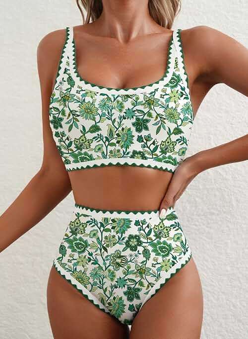 Herseas Women's Bikini Sets Floral Print Whip Stitch 2 Piece Swimsuits High Waisted Scoop Bathing Suits - Image 4