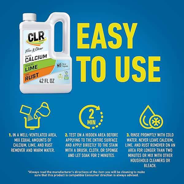 CLR Brands Calcium, Lime & Rust Remover Free & Clear, No Dyes or Fragrances, Gentle Lime and Bathroom Descaler, Removes Hard Water Stains and Rust Deposits, 42 Oz Bottle - Image 6