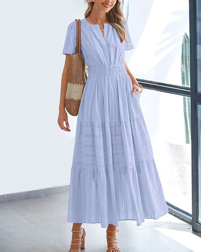 BTFBM Womens Summer 2026 Casual Midi Maxi Dresses Lightweight Short Sleeve V Neck Elastic Waist Boho Beach Dress Pockets - Image 2