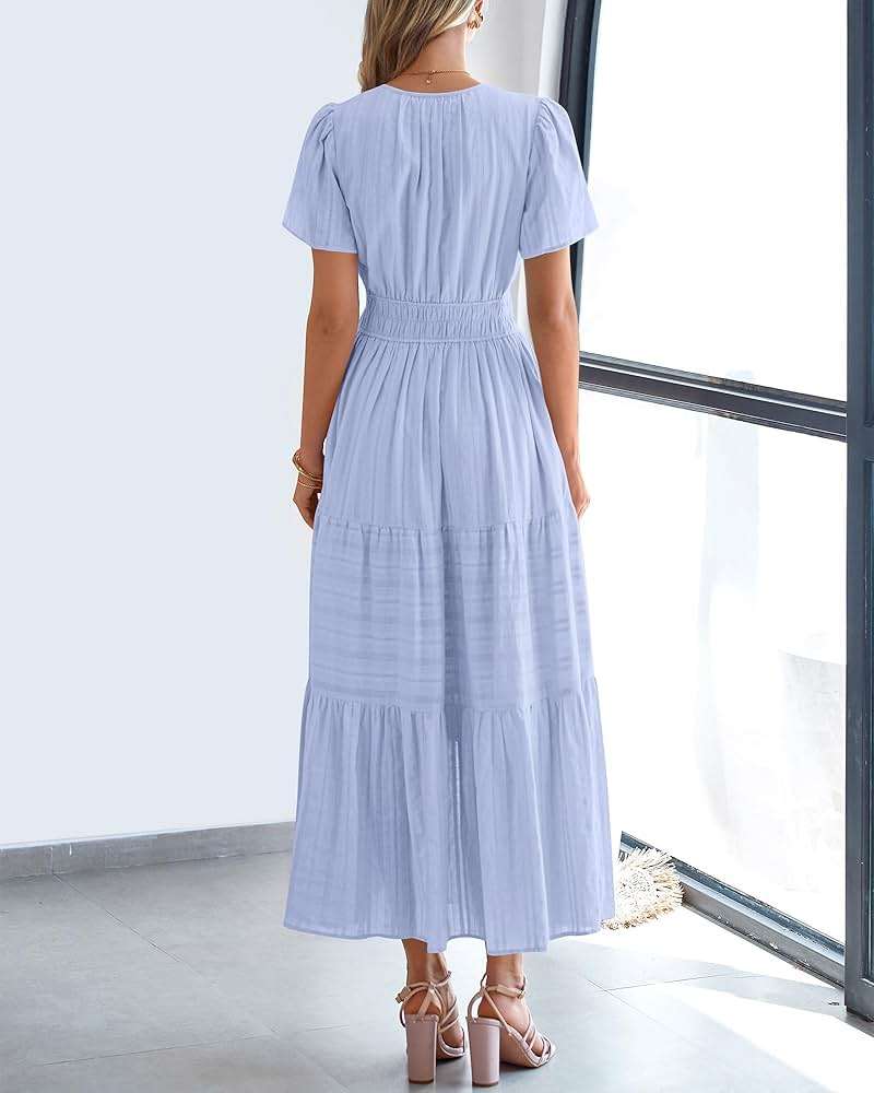BTFBM Womens Summer 2026 Casual Midi Maxi Dresses Lightweight Short Sleeve V Neck Elastic Waist Boho Beach Dress Pockets - Image 3