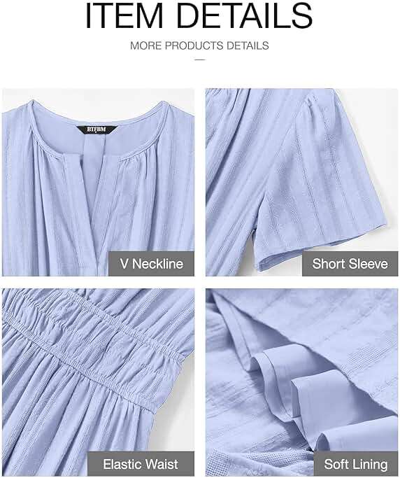 BTFBM Womens Summer 2026 Casual Midi Maxi Dresses Lightweight Short Sleeve V Neck Elastic Waist Boho Beach Dress Pockets - Image 4