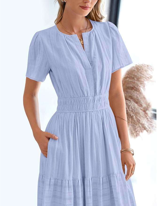 BTFBM Womens Summer 2026 Casual Midi Maxi Dresses Lightweight Short Sleeve V Neck Elastic Waist Boho Beach Dress Pockets - Image 6