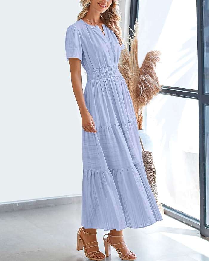 BTFBM Womens Summer 2026 Casual Midi Maxi Dresses Lightweight Short Sleeve V Neck Elastic Waist Boho Beach Dress Pockets - Image 7