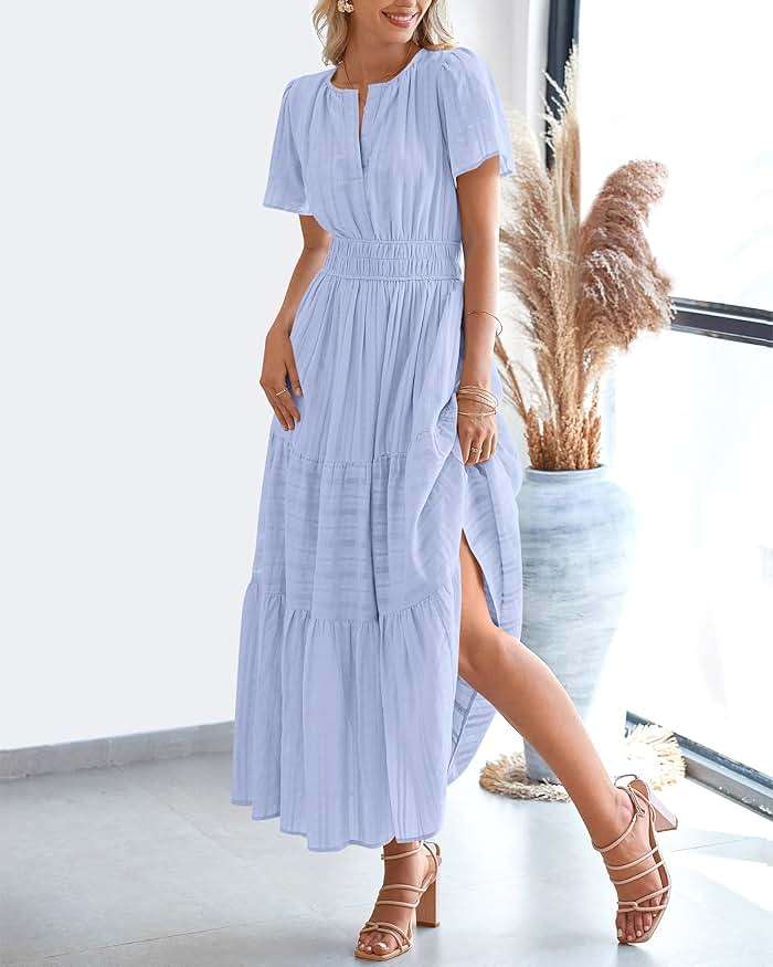 BTFBM Womens Summer 2026 Casual Midi Maxi Dresses Lightweight Short Sleeve V Neck Elastic Waist Boho Beach Dress Pockets - Image 8