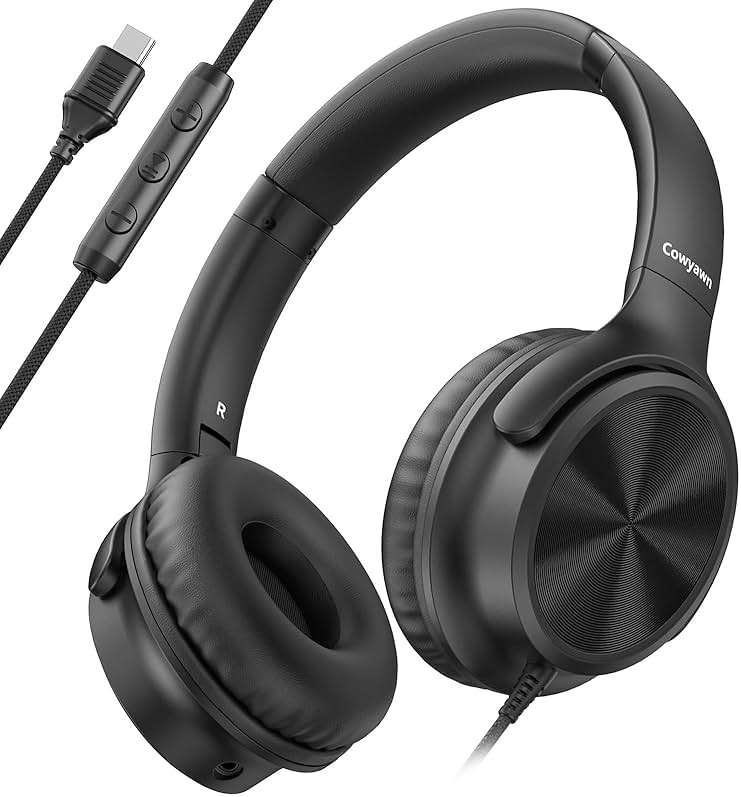 Cowyawn USB C Headphones Wired, Over Ear USB C Wired Headphones with Microphone, Volume Control, HD Stereo Sound, Foldable USB Type C Headphone for Adult/Teens/Laptop/Computer/iPhone 15/16/17, Black - Image 1