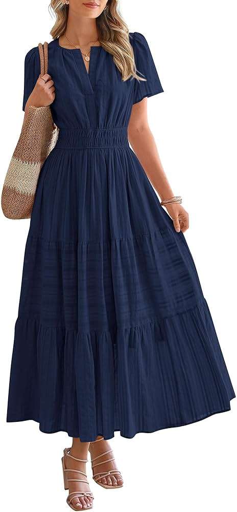 BTFBM Womens Summer 2026 Casual Midi Maxi Dresses Lightweight Short Sleeve V Neck Elastic Waist Boho Beach Dress Pockets - Image 1