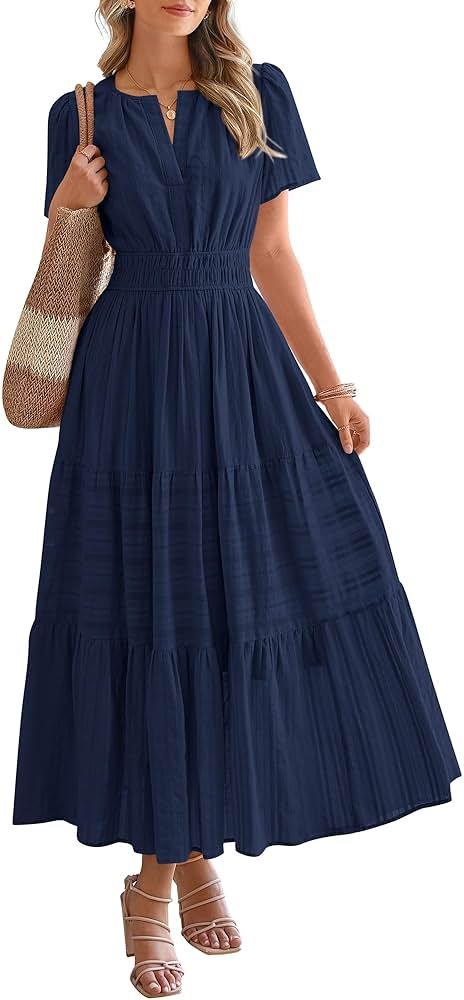 BTFBM Womens Summer 2026 Casual Midi Maxi Dresses Lightweight Short Sleeve V Neck Elastic Waist Boho Beach Dress Pockets - Product Image