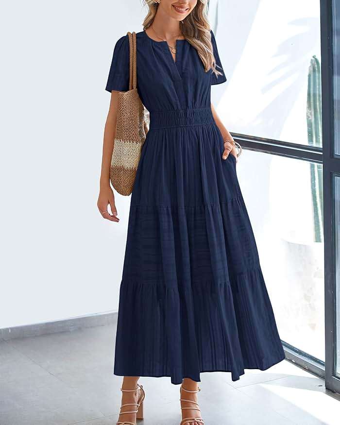 BTFBM Womens Summer 2026 Casual Midi Maxi Dresses Lightweight Short Sleeve V Neck Elastic Waist Boho Beach Dress Pockets - Image 2