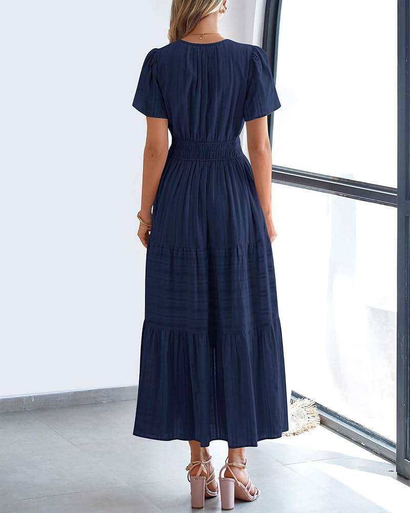 BTFBM Womens Summer 2026 Casual Midi Maxi Dresses Lightweight Short Sleeve V Neck Elastic Waist Boho Beach Dress Pockets - Image 3