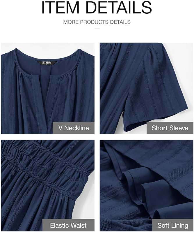 BTFBM Womens Summer 2026 Casual Midi Maxi Dresses Lightweight Short Sleeve V Neck Elastic Waist Boho Beach Dress Pockets - Image 4