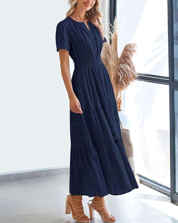 BTFBM Womens Summer 2026 Casual Midi Maxi Dresses Lightweight Short Sleeve V Neck Elastic Waist Boho Beach Dress Pockets - Image 7