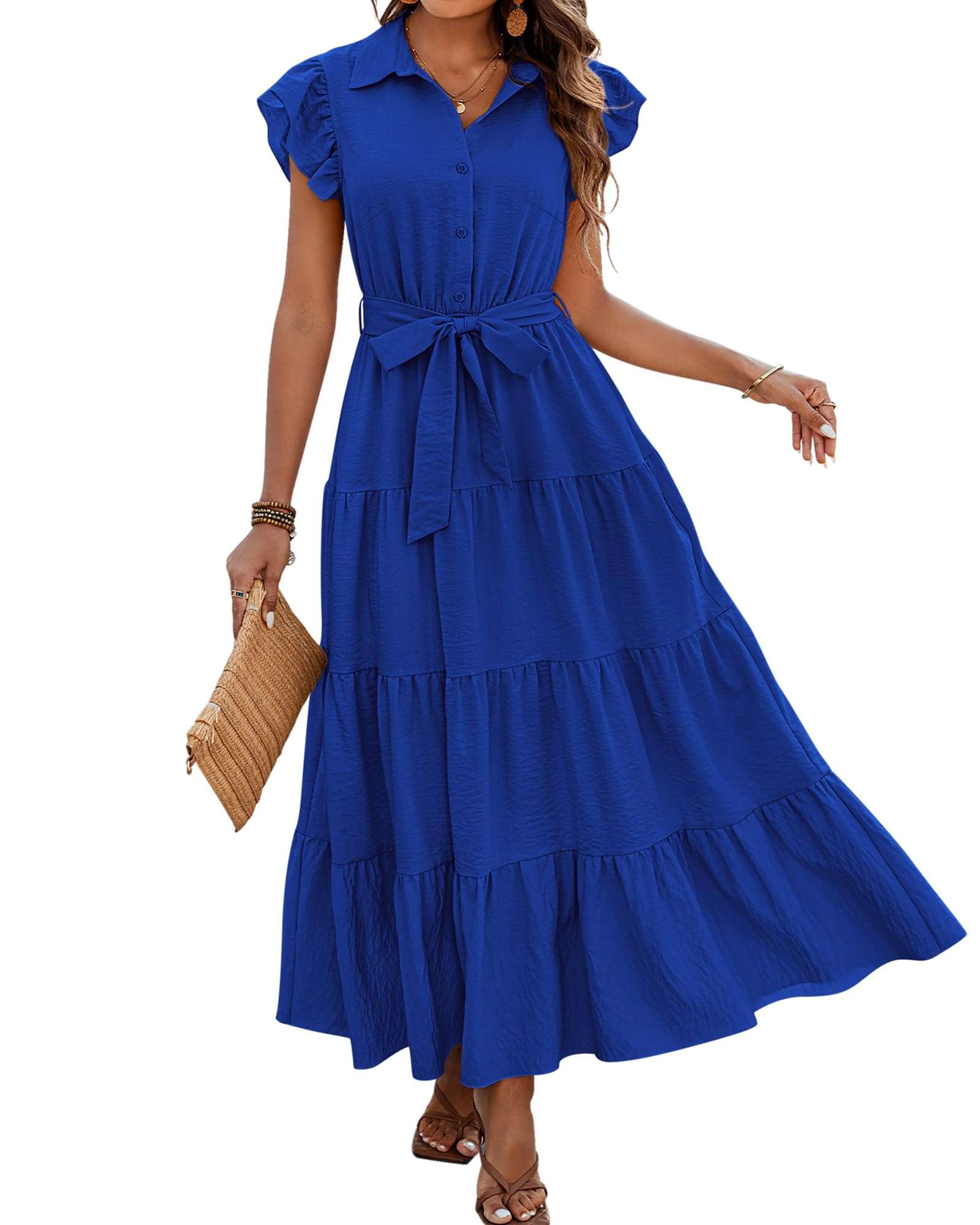 dowerme Women's Summer Casual Dresses 2026 Cap Ruffle Sleeve V Neck Button Belted Tiered Boho Maxi Dress with Pockets - Image 1
