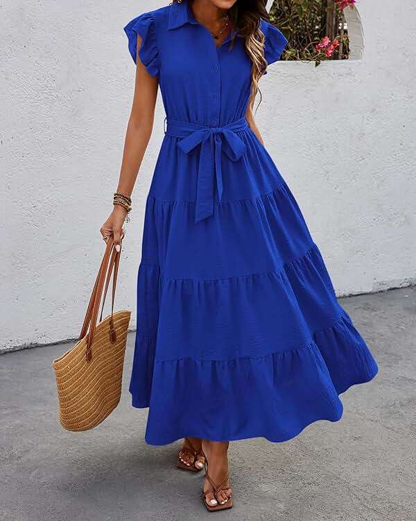 dowerme Women's Summer Casual Dresses 2026 Cap Ruffle Sleeve V Neck Button Belted Tiered Boho Maxi Dress with Pockets - Image 2