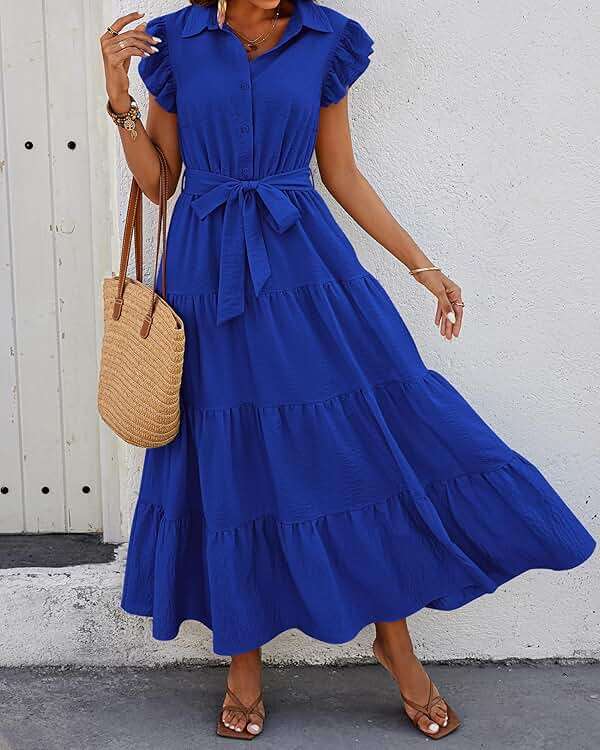 dowerme Women's Summer Casual Dresses 2026 Cap Ruffle Sleeve V Neck Button Belted Tiered Boho Maxi Dress with Pockets - Image 3