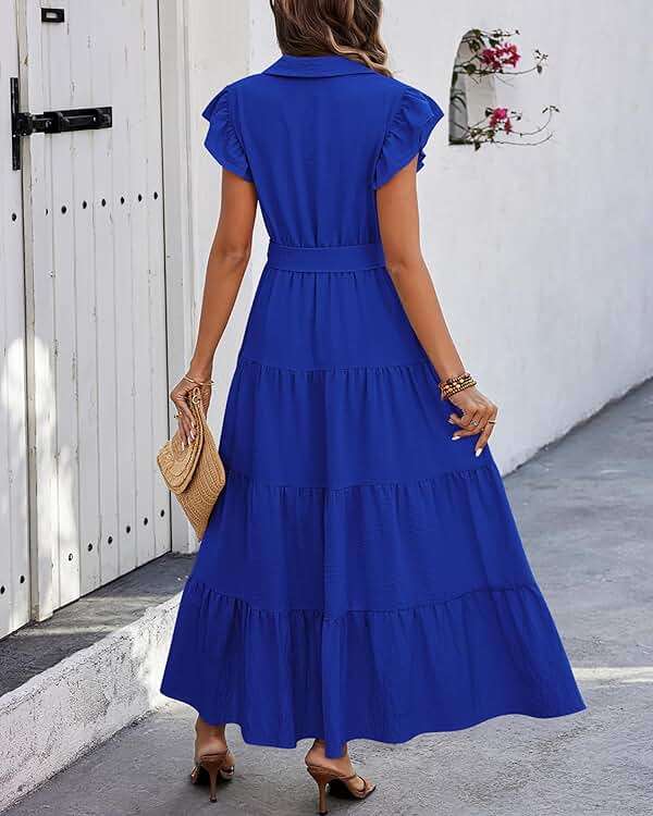 dowerme Women's Summer Casual Dresses 2026 Cap Ruffle Sleeve V Neck Button Belted Tiered Boho Maxi Dress with Pockets - Image 5