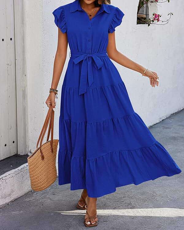 dowerme Women's Summer Casual Dresses 2026 Cap Ruffle Sleeve V Neck Button Belted Tiered Boho Maxi Dress with Pockets - Image 6
