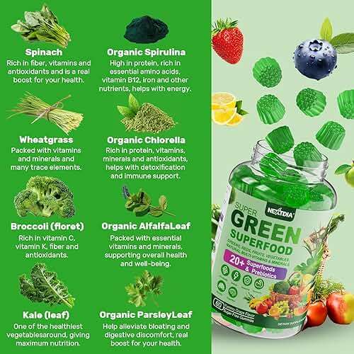 Super Greens Multivitamin Gummies, Greens Superfood Gummies w/Spirulina, Chlorella, Multivitamins, Prebiotic Fiber, Adaptogens, Adults Vitamins for Gut Health, Immunity, Focus & Energy, 120Cts - Image 3