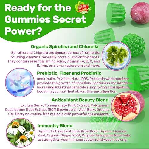Super Greens Multivitamin Gummies, Greens Superfood Gummies w/Spirulina, Chlorella, Multivitamins, Prebiotic Fiber, Adaptogens, Adults Vitamins for Gut Health, Immunity, Focus & Energy, 120Cts - Image 5