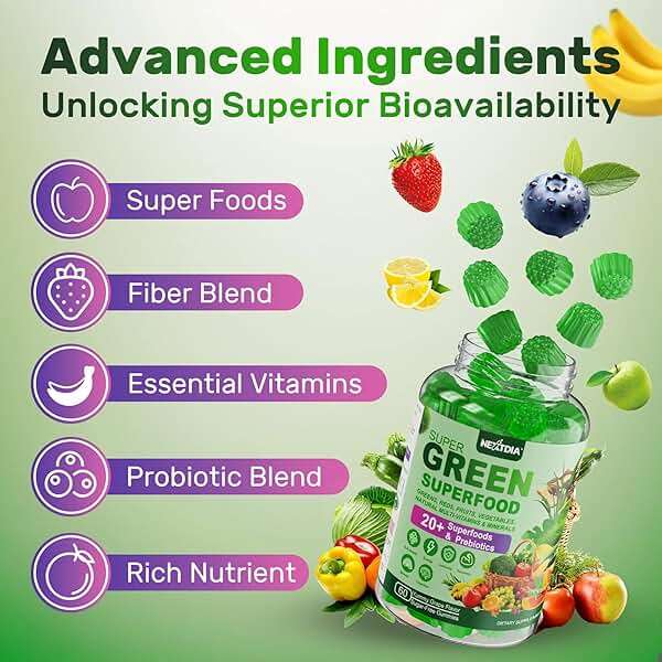 Super Greens Multivitamin Gummies, Greens Superfood Gummies w/Spirulina, Chlorella, Multivitamins, Prebiotic Fiber, Adaptogens, Adults Vitamins for Gut Health, Immunity, Focus & Energy, 120Cts - Image 8