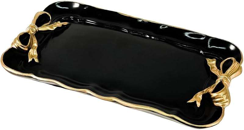 Vintage Decorative Tray Jewelry Tray Towel Tray Storage Tray Rings Necklace Bracelets Earrings Trays Cosmetics Jewelry Organizer Retro Design Bow Decor Resin Plate Coquette Room Decor (Black) - Image 1