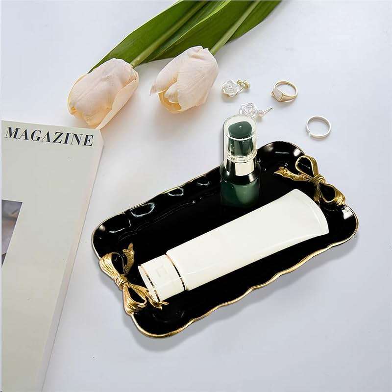 Vintage Decorative Tray Jewelry Tray Towel Tray Storage Tray Rings Necklace Bracelets Earrings Trays Cosmetics Jewelry Organizer Retro Design Bow Decor Resin Plate Coquette Room Decor (Black) - Image 2
