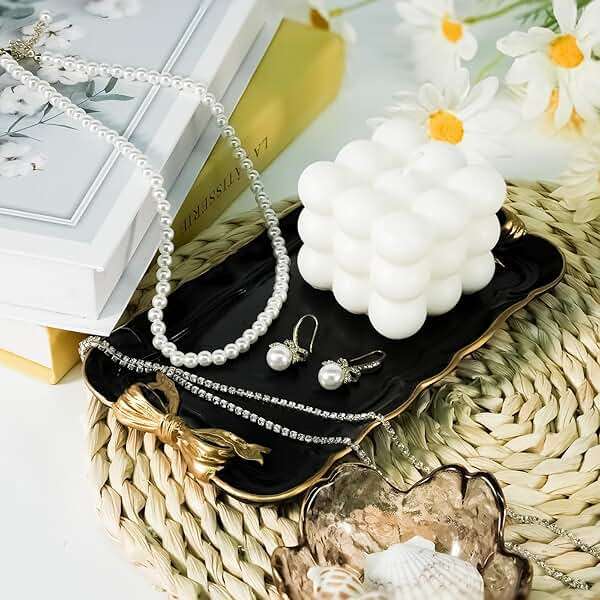Vintage Decorative Tray Jewelry Tray Towel Tray Storage Tray Rings Necklace Bracelets Earrings Trays Cosmetics Jewelry Organizer Retro Design Bow Decor Resin Plate Coquette Room Decor (Black) - Image 6