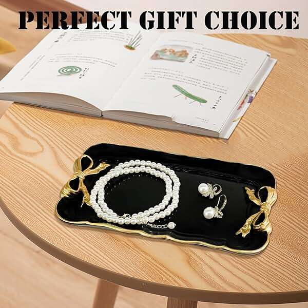 Vintage Decorative Tray Jewelry Tray Towel Tray Storage Tray Rings Necklace Bracelets Earrings Trays Cosmetics Jewelry Organizer Retro Design Bow Decor Resin Plate Coquette Room Decor (Black) - Image 8