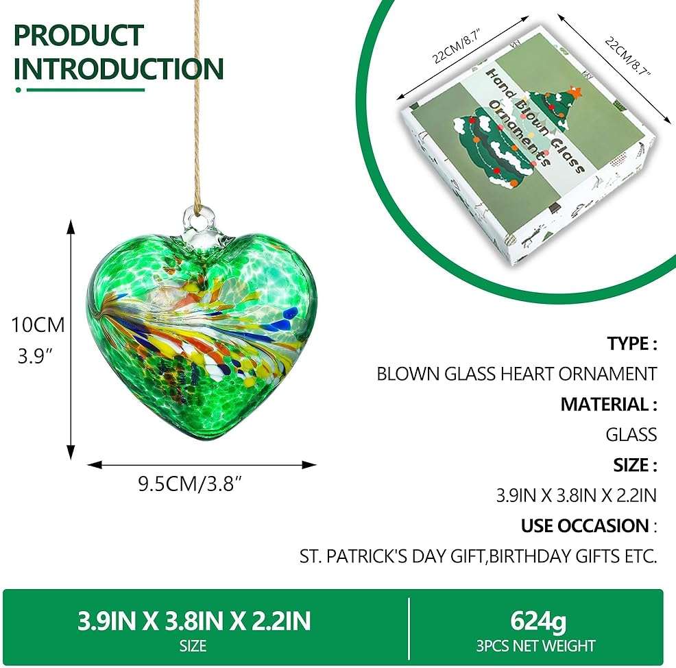 Set of 3 Green Blown Glass Heart Ornaments 4 Inch Hanging Decor for Outdoor Unique Home Garden Patio Decoration for Mom Wife - Image 2