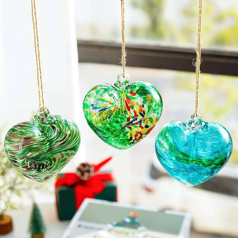 Set of 3 Green Blown Glass Heart Ornaments 4 Inch Hanging Decor for Outdoor Unique Home Garden Patio Decoration for Mom Wife - Image 3
