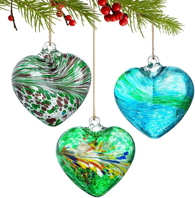 Set of 3 Green Blown Glass Heart Ornaments 4 Inch Hanging Decor for Outdoor Unique Home Garden Patio Decoration for Mom Wife - Image 4