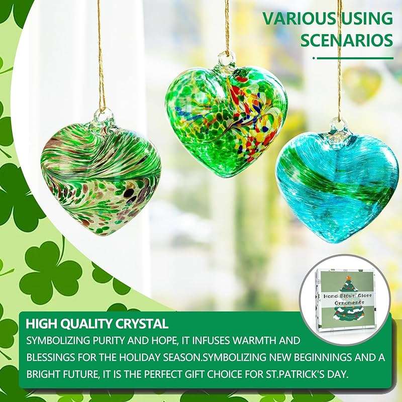 Set of 3 Green Blown Glass Heart Ornaments 4 Inch Hanging Decor for Outdoor Unique Home Garden Patio Decoration for Mom Wife - Image 5