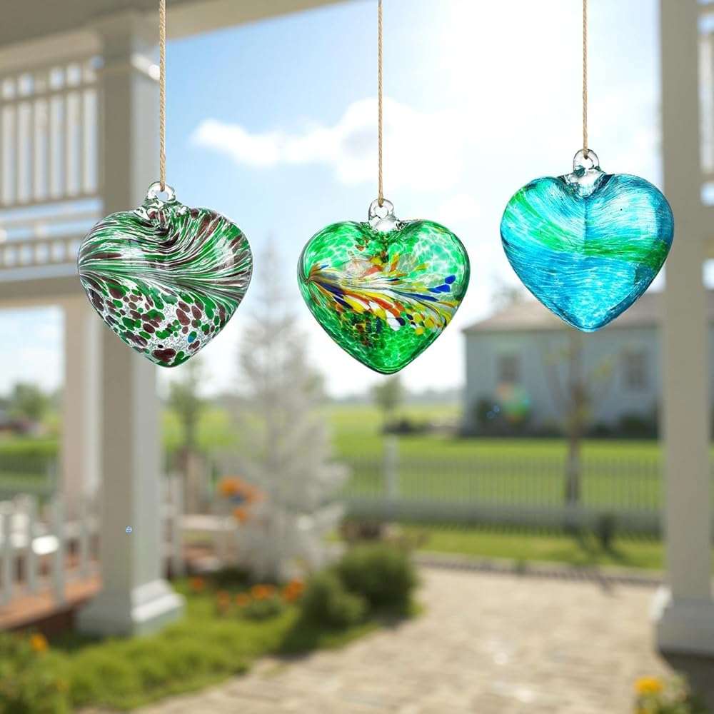 Set of 3 Green Blown Glass Heart Ornaments 4 Inch Hanging Decor for Outdoor Unique Home Garden Patio Decoration for Mom Wife - Image 6