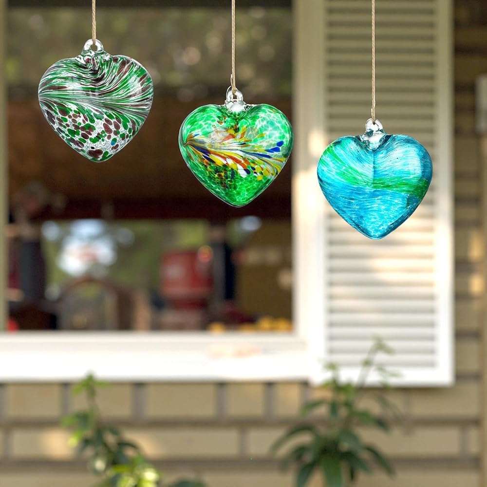 Set of 3 Green Blown Glass Heart Ornaments 4 Inch Hanging Decor for Outdoor Unique Home Garden Patio Decoration for Mom Wife - Image 7