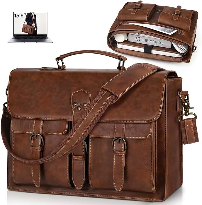 RAINSMORE Messenger Bag for Men 15.6 Inch Leather Vintage Laptop Briefcase Large Laptop Bag Waterproof Satchel Bag Computer Shoulder Bag for Office Work Travel College, Brown - Product Image